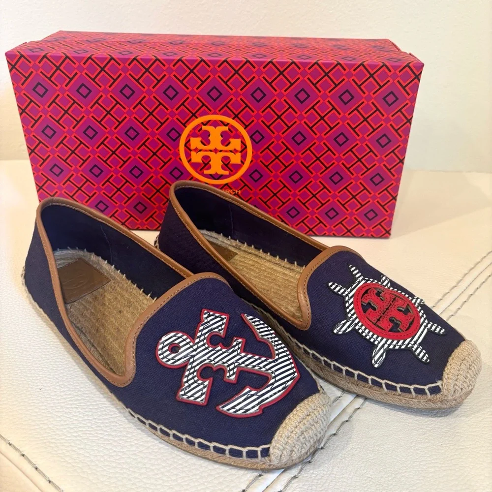 Tory Burch Women’s Maritime Flat Espadrille Size 8 Navy Canvas Nautical Anchor
